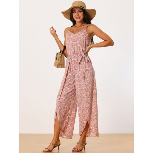 Spaghetti Straps Sleeveless V Neck Tie Waist Split Wide Leg Jumpsuits Dusty Pink - Picture 4 of 5